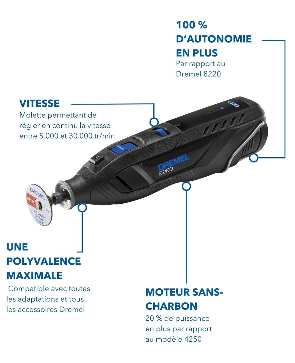 Outil rotatif sans fil 8260 12 V 3 Ah 5000 à 35000 tr/min moteur sans charbon 65 accessoires 5 adaptations 2 batteries