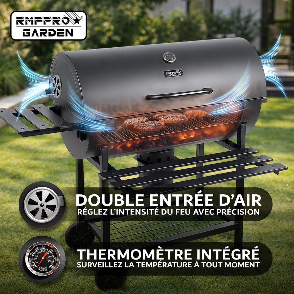 Barbecue au charbon de bois avec grille XL thermomètre intégré kit d'accessoires housse chariot en acier roues étagères pliables