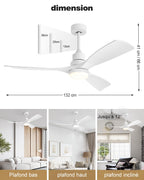 Ventilateur de plafond 132 cm avec éclairage et télécommande modèle 8701 3 pales 6 vitesses moteur DC 32 W blanc