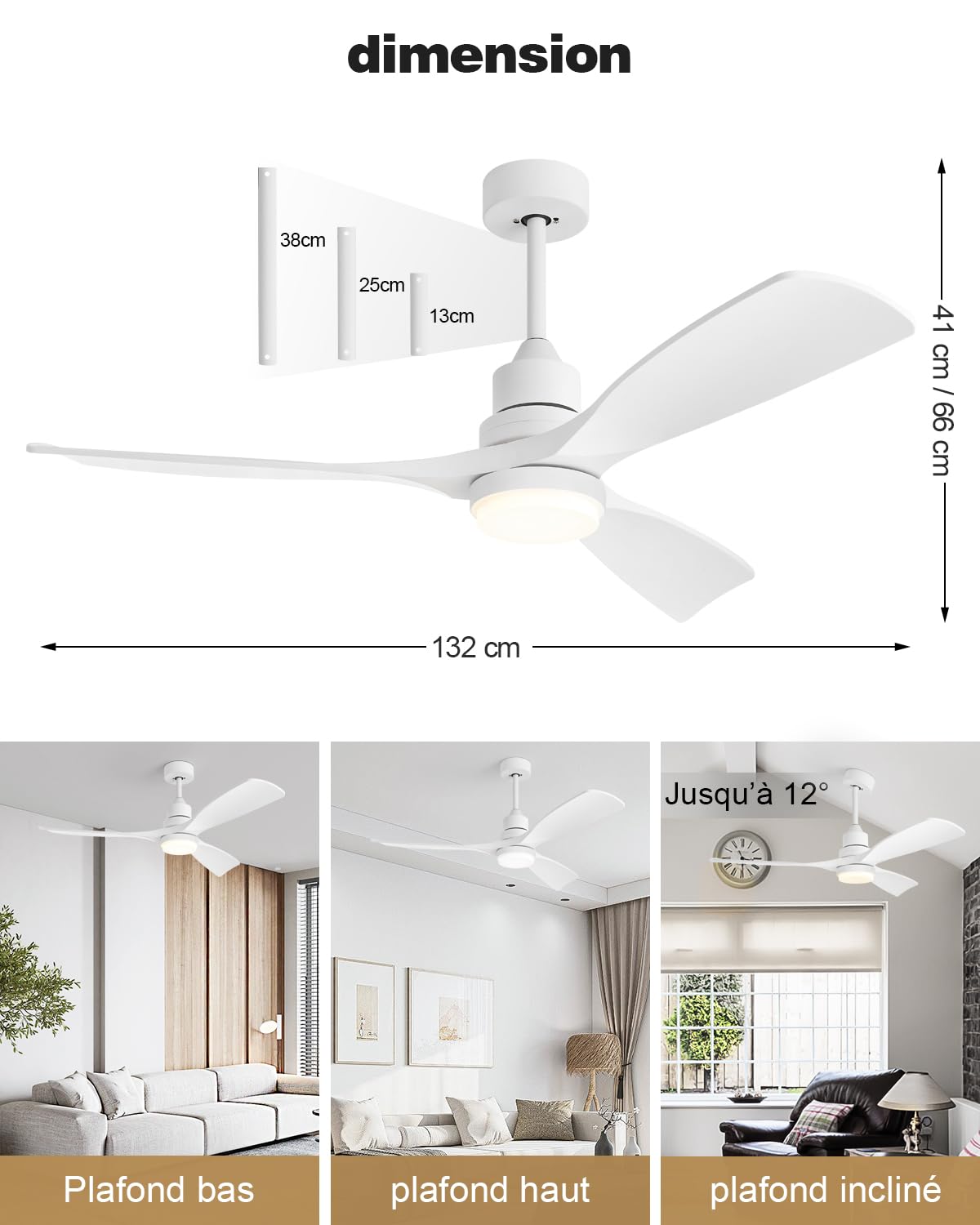 Ventilateur de plafond 132 cm avec éclairage et télécommande modèle 8701 3 pales 6 vitesses moteur DC 32 W blanc