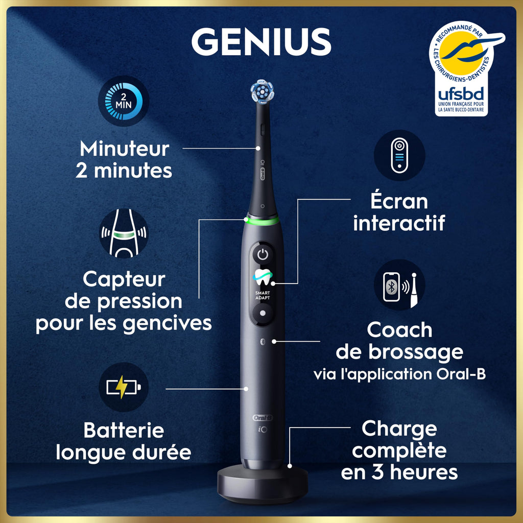 Brosse à dents électrique iO 9N rechargeable noire 7 modes capteur de pression 2 têtes étui de voyage chargeur