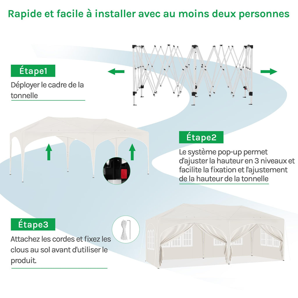 Barnum pliant 3 x 6 m avec 6 parois tente de réception beige structure métallique imperméable UPF 50+