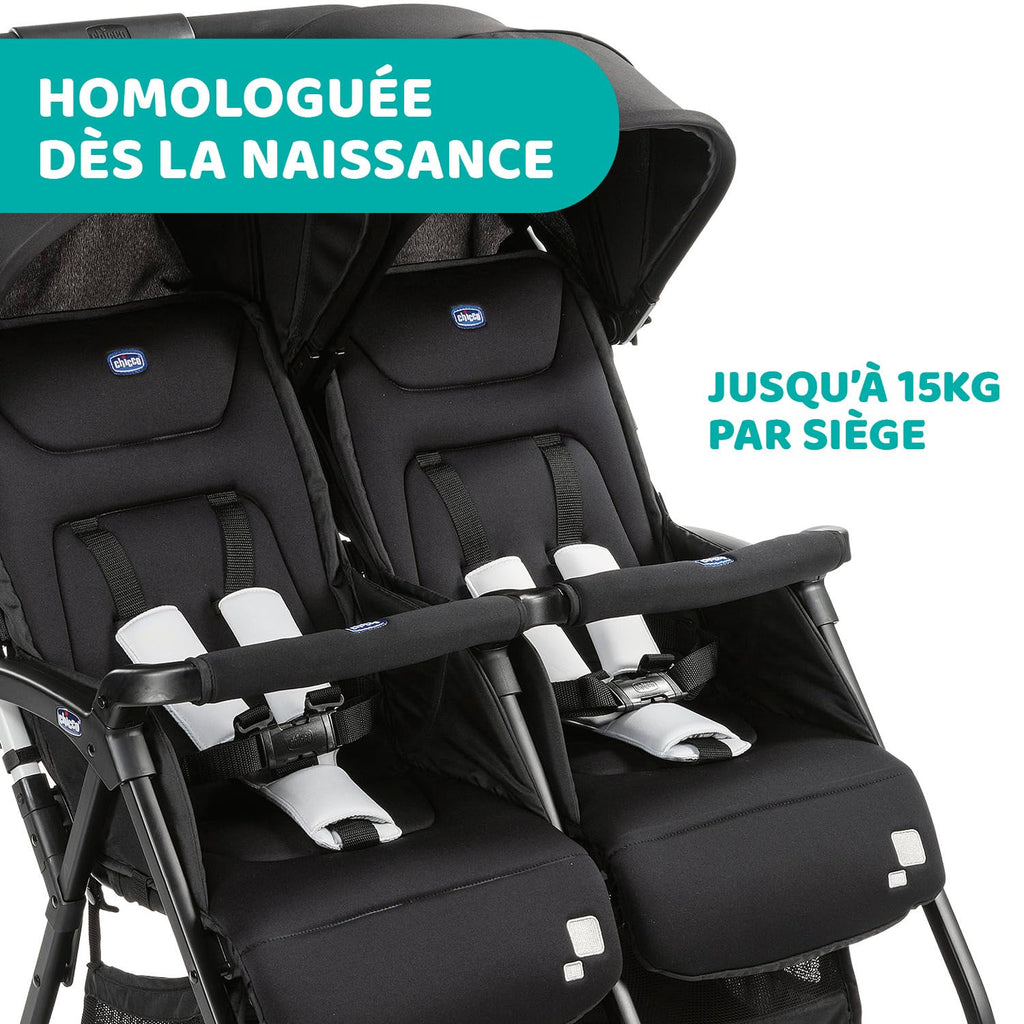 Poussette double tandem OHlalà Twin pliable 8 kg 2 places harnais 5 points assises inclinables capotes extensibles