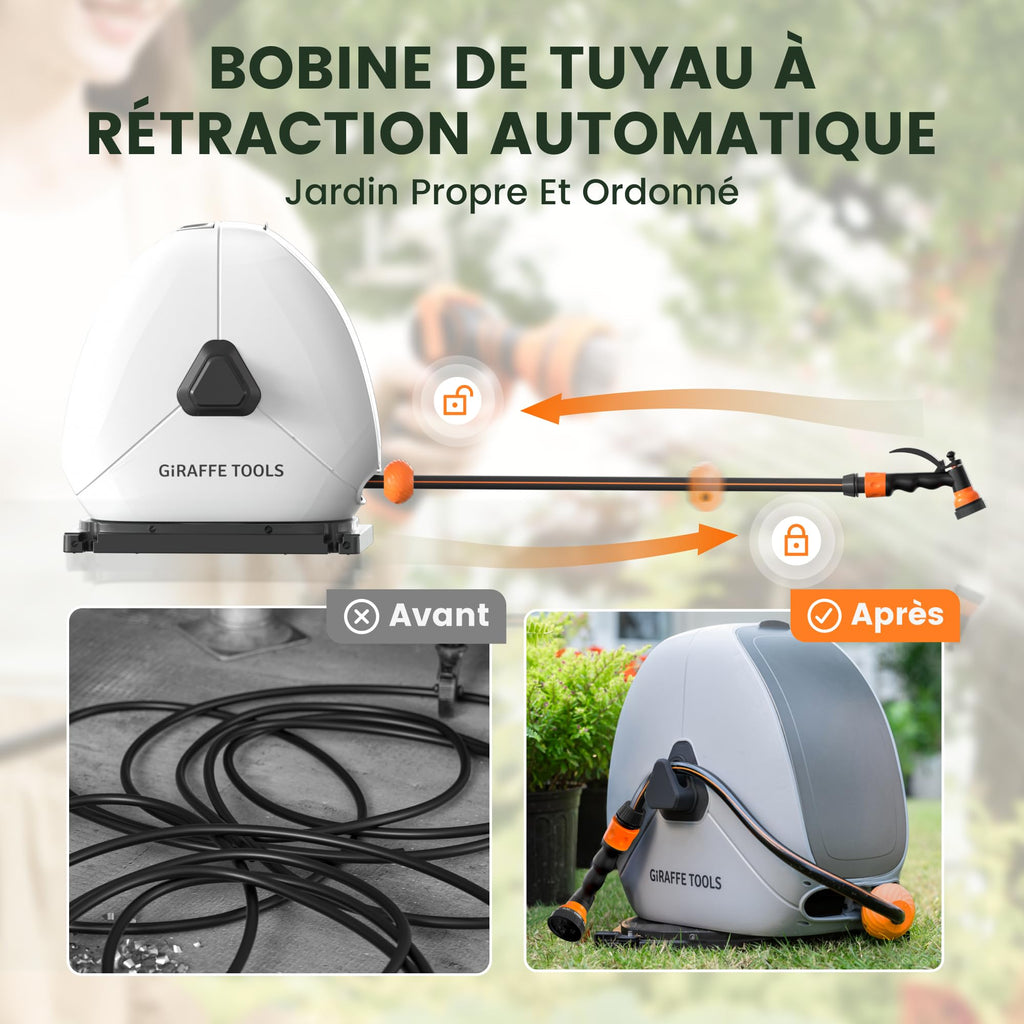 Enrouleur de tuyau d'arrosage rétractable NW40 40 m automatique avec base pivotante à 360° et buse 7 fonctions