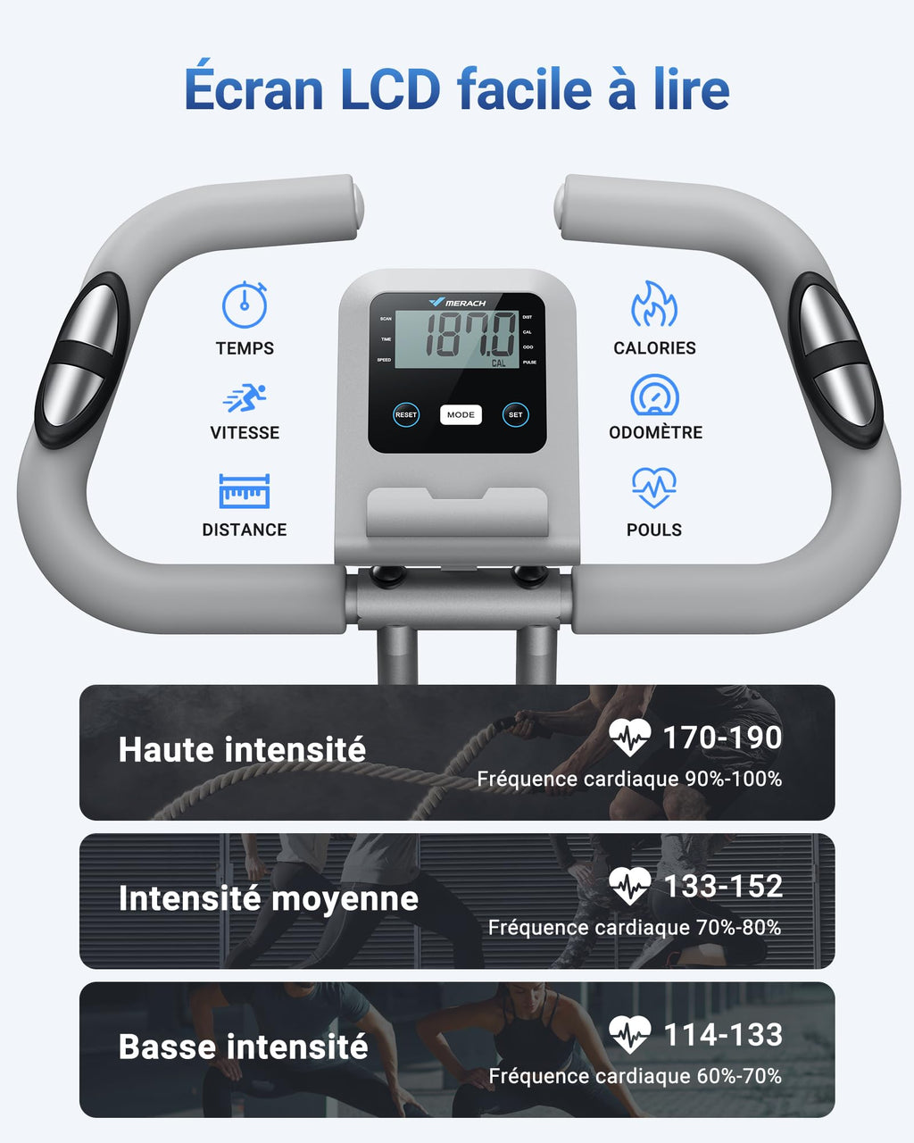Vélo d’appartement pliable 4 en 1 MR-S15H1 résistance magnétique 16 niveaux écran LCD mesure du pouls avec bande de résistance