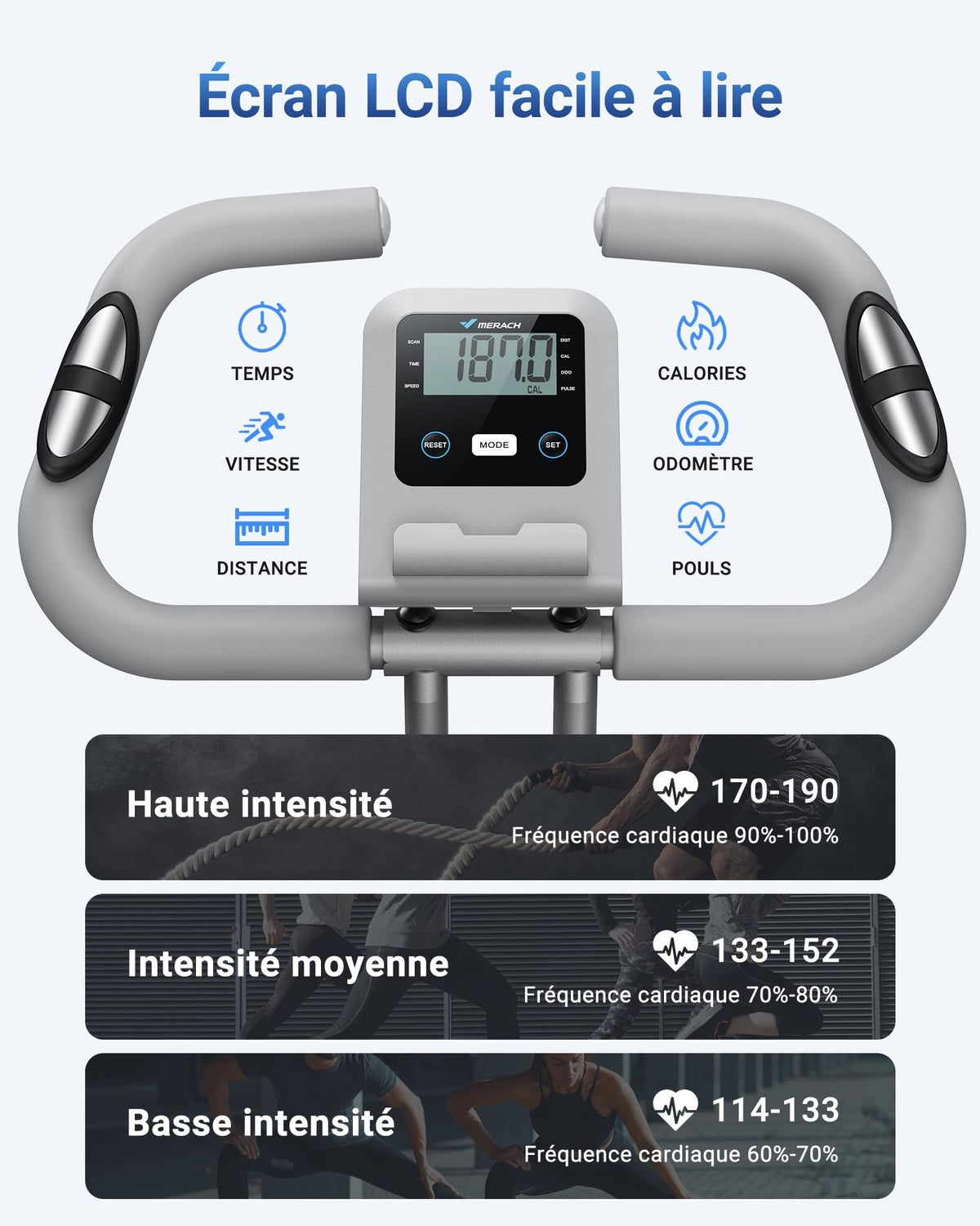 Vélo d’appartement pliable 4 en 1 MR-S15H1 résistance magnétique 16 niveaux écran LCD mesure du pouls avec bande de résistance