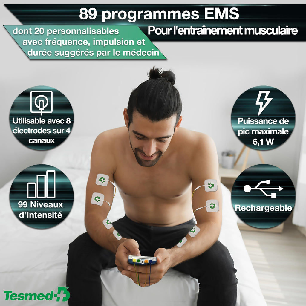Électrostimulateur musculaire Max 830 TENS EMS Massage 4 canaux 115 programmes 99 niveaux d'intensité 8 électrodes