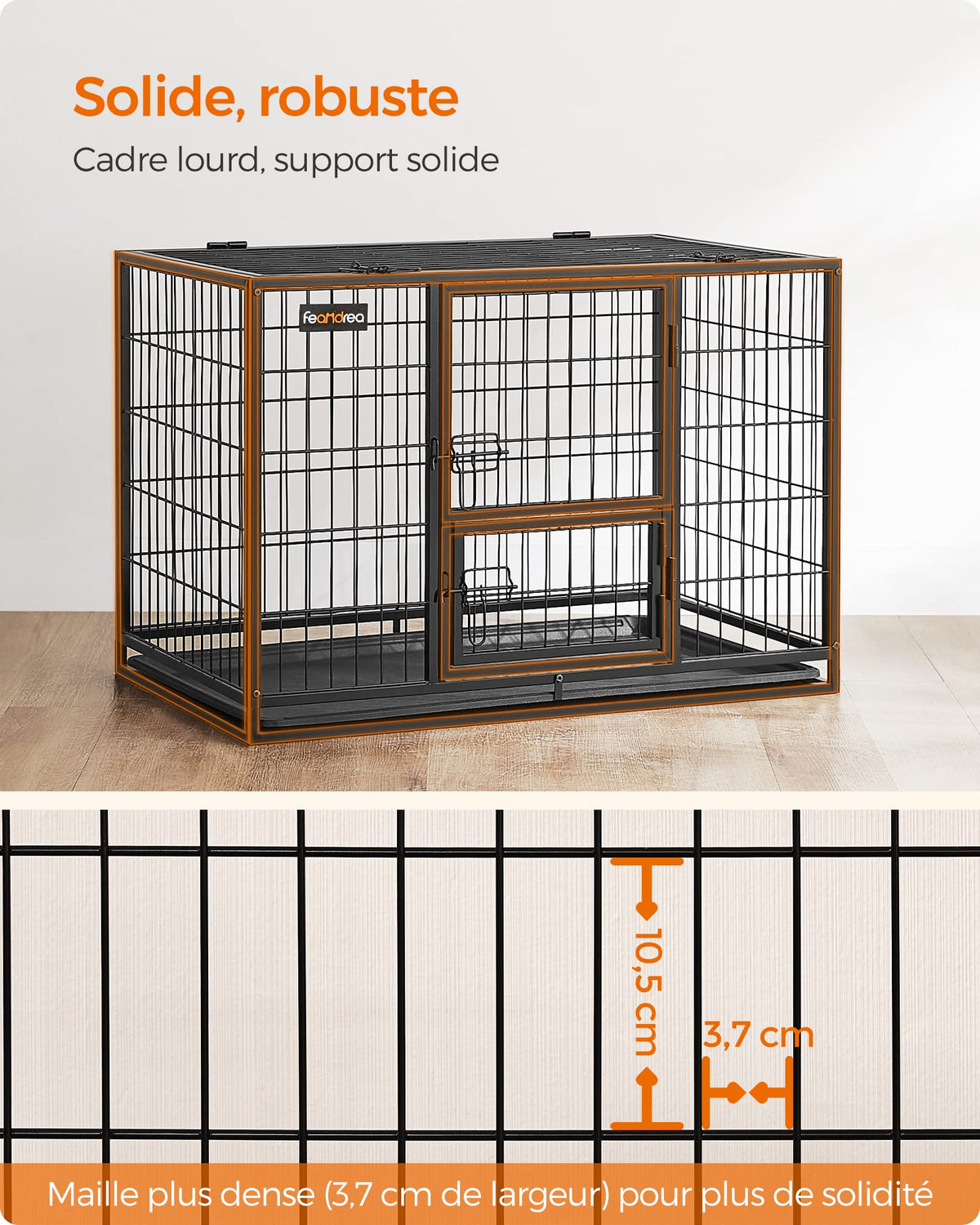 Cage pour chien XXL PPD003B01 122 x 74,5 x 80,5 cm acier allié 2 portes plateau amovible écart de 11 mm