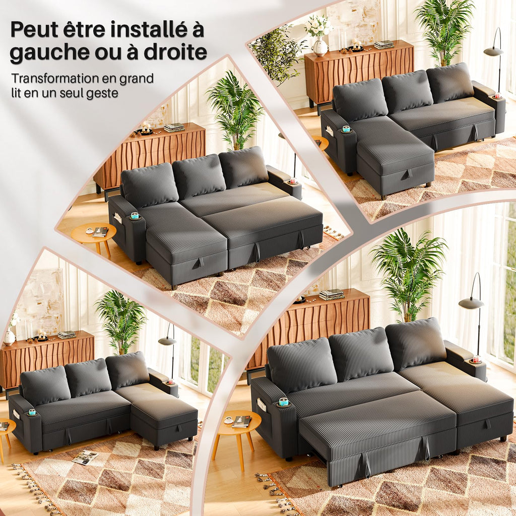 Canapé d'angle convertible 3 places TRFR-SF24-0770B canapé-lit avec rangement chaise longue réversible 120 x 200 x 88 cm