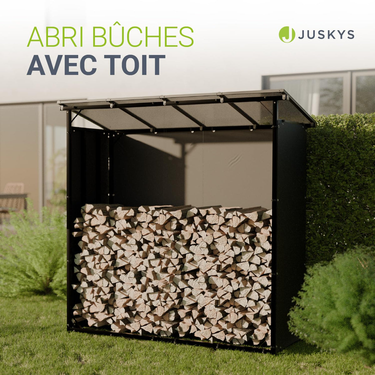 Range-bûches extérieur avec toit 185 x 70 x 185 cm aluminium bâche polyester résistante aux UV étanche sol surélevé toit inclinable noir