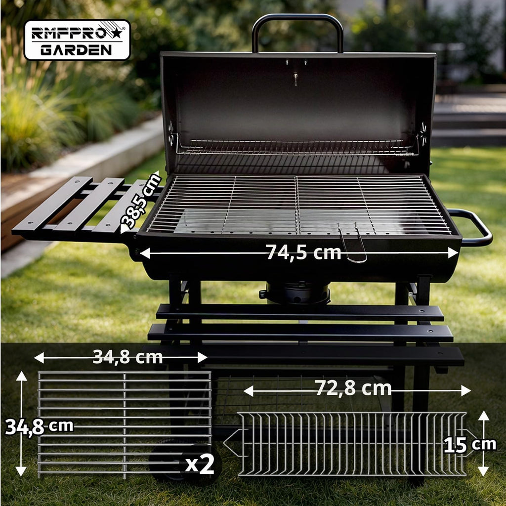 Barbecue au charbon de bois avec grille XL thermomètre intégré kit d'accessoires housse chariot en acier roues étagères pliables