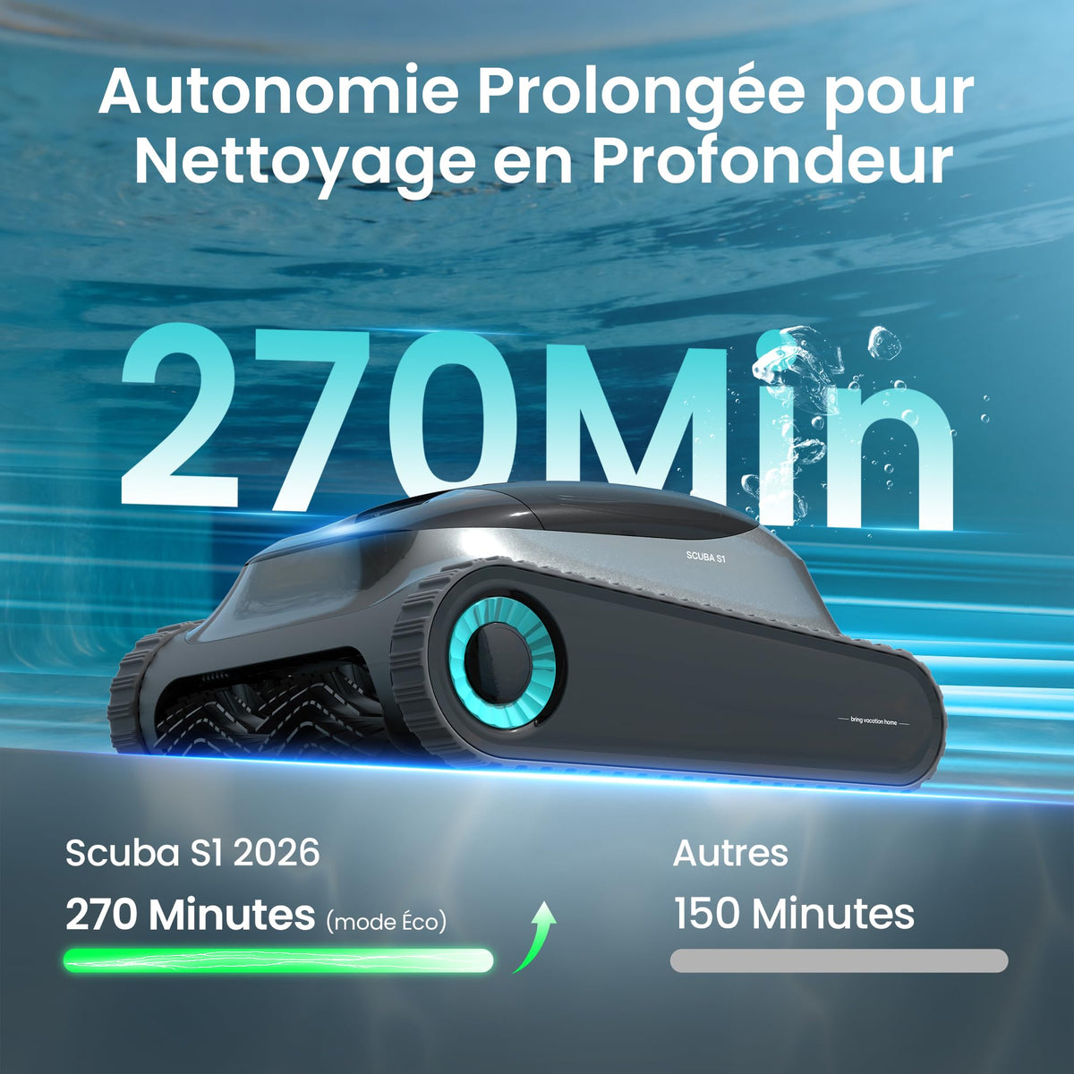 Robot piscine Scuba S1 2025 240 à 270 min double filtration nettoyage fond parois ligne d’eau application