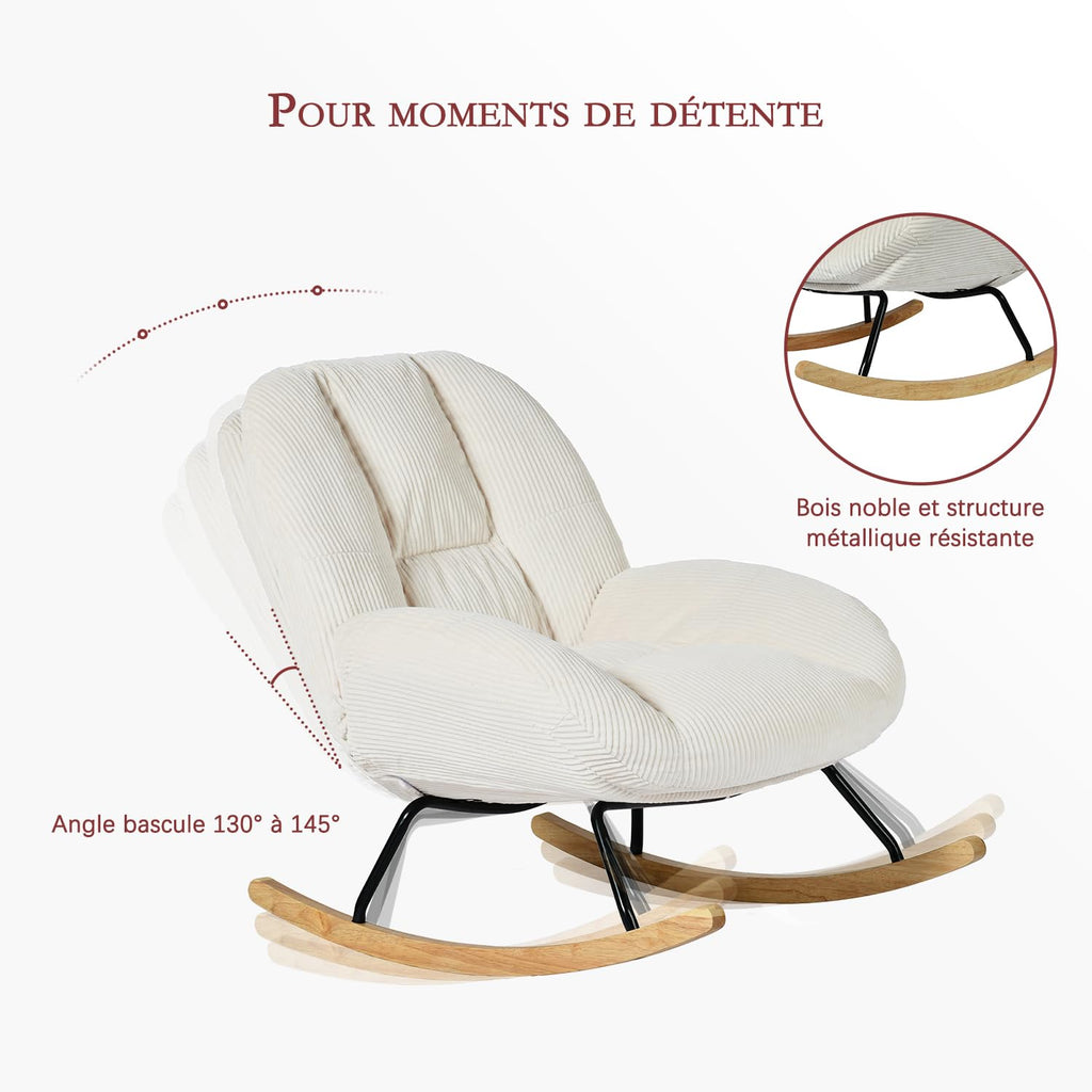 Fauteuil à bascule scandinave en velours côtelé beige 111 x 79 x 84 cm dossier haut accoudoirs ergonomiques charge 120 kg