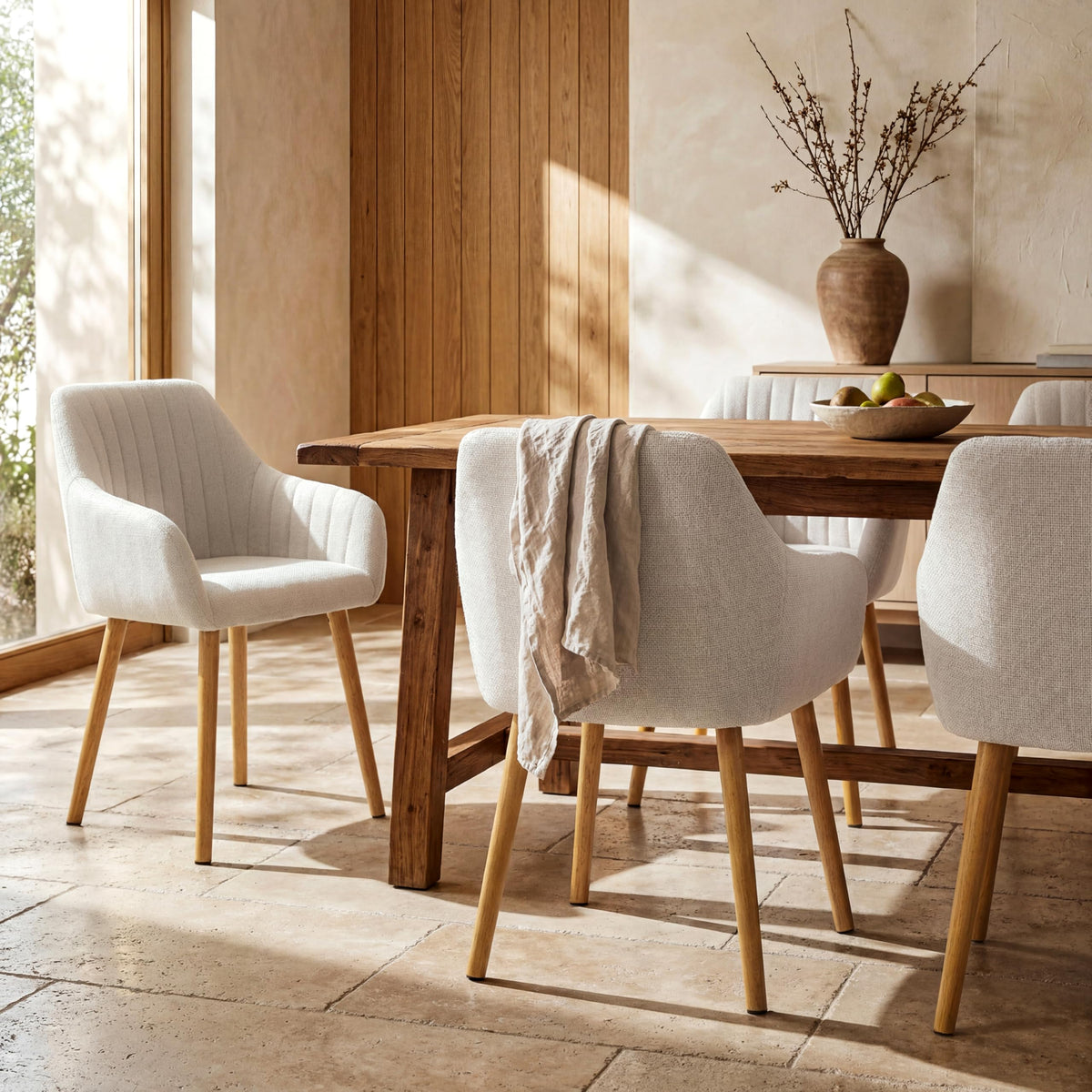 Chaises de salle à manger avec accoudoirs lot de 6 chaises rembourrées en polyester et velours avec pieds en bois beige