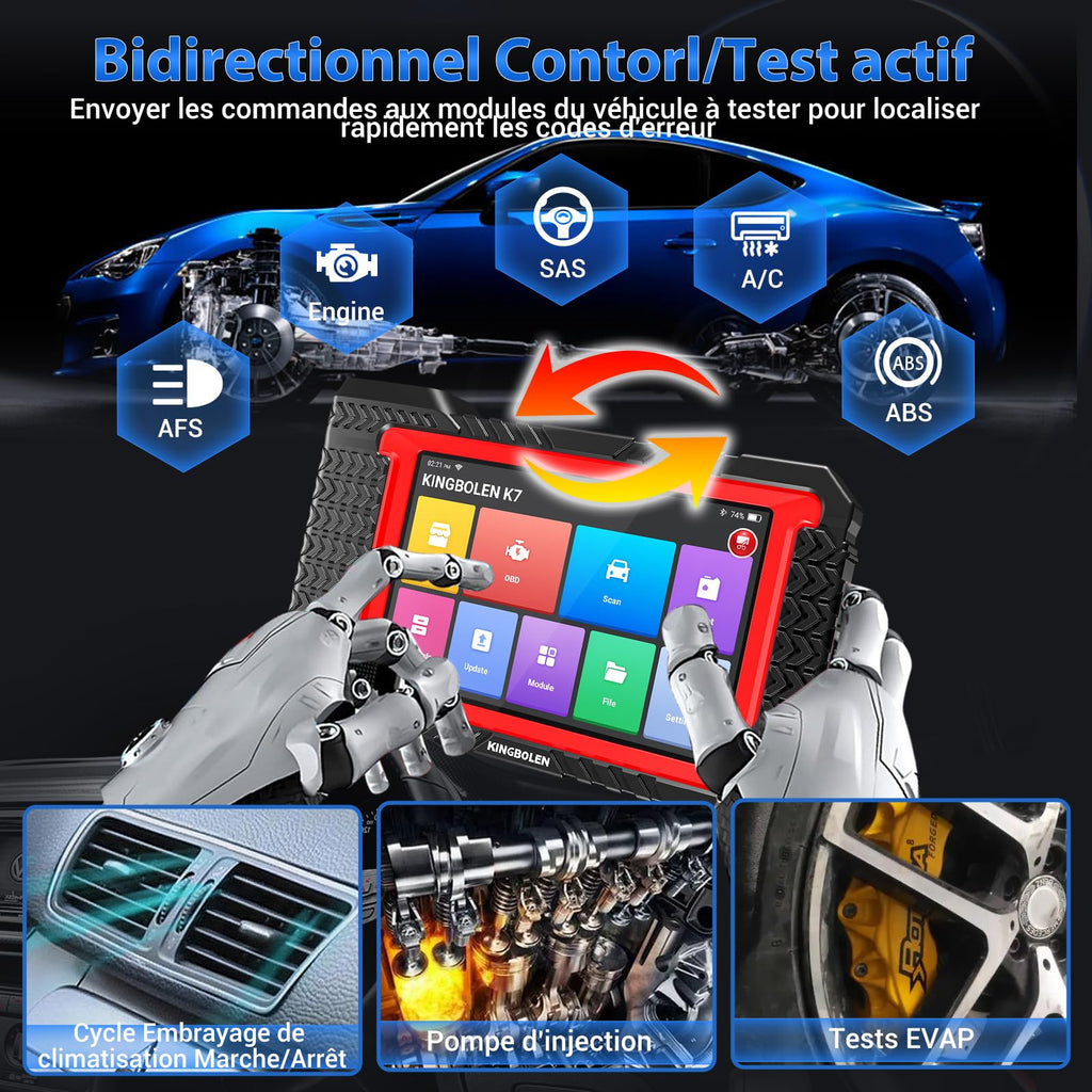 Valise Diagnostic Auto OBD2 K7 7 Pouces Android 10 31 Services Codage ECU Contrôle Bidirectionnel Bluetooth 32 Go