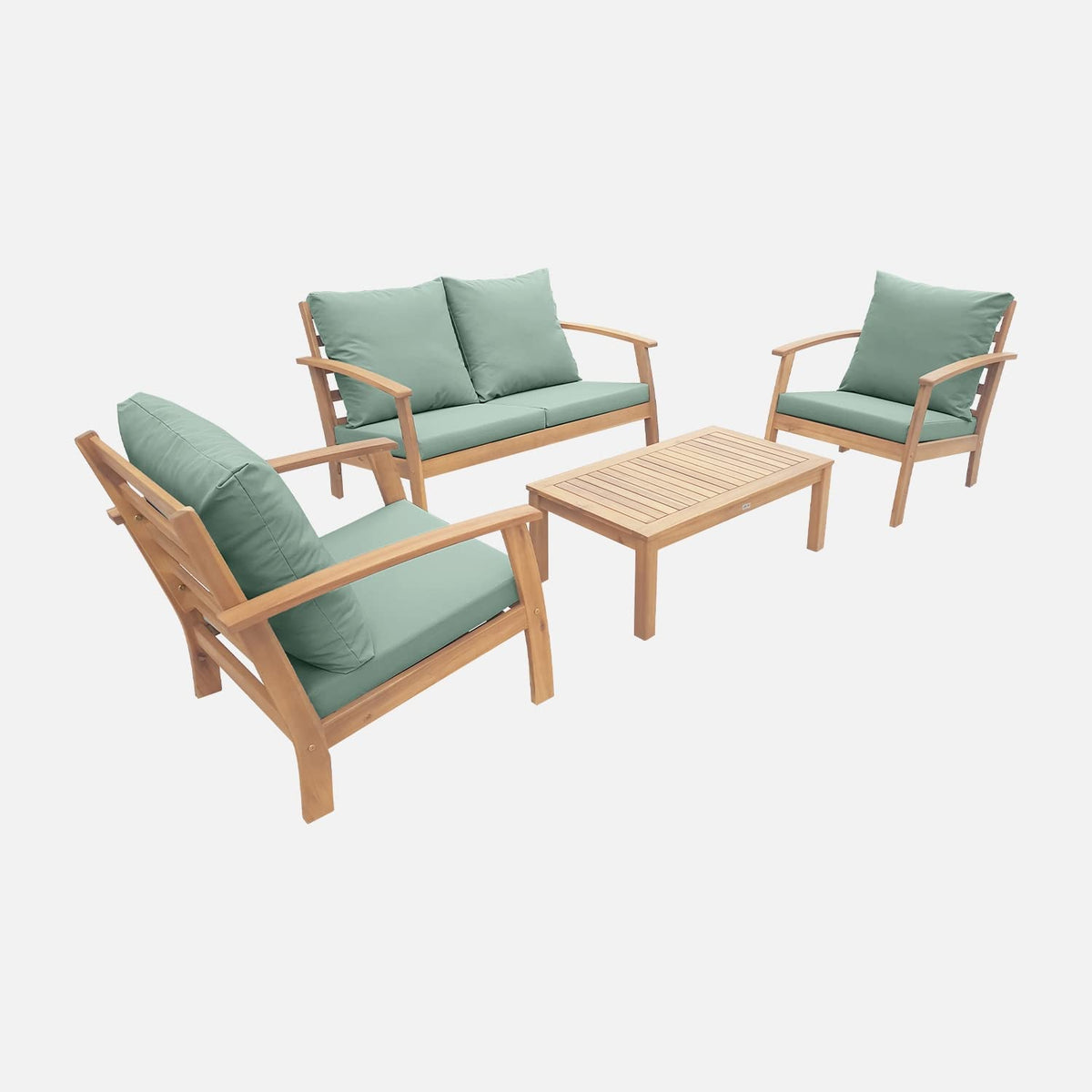 Salon de jardin 4 places en acacia canapé fauteuils table basse coussins vert de gris 123 x 82 x 74 cm