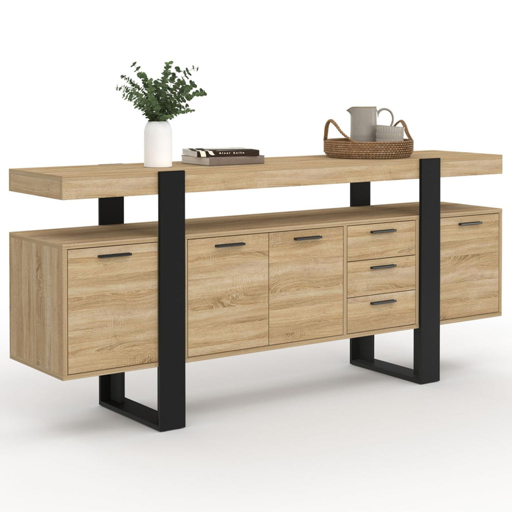 Buffet 180 cm Phoenix XXL 4 Portes 3 Tiroirs Bois et Noir 180 x 40 x 80 cm Étagères Réglables