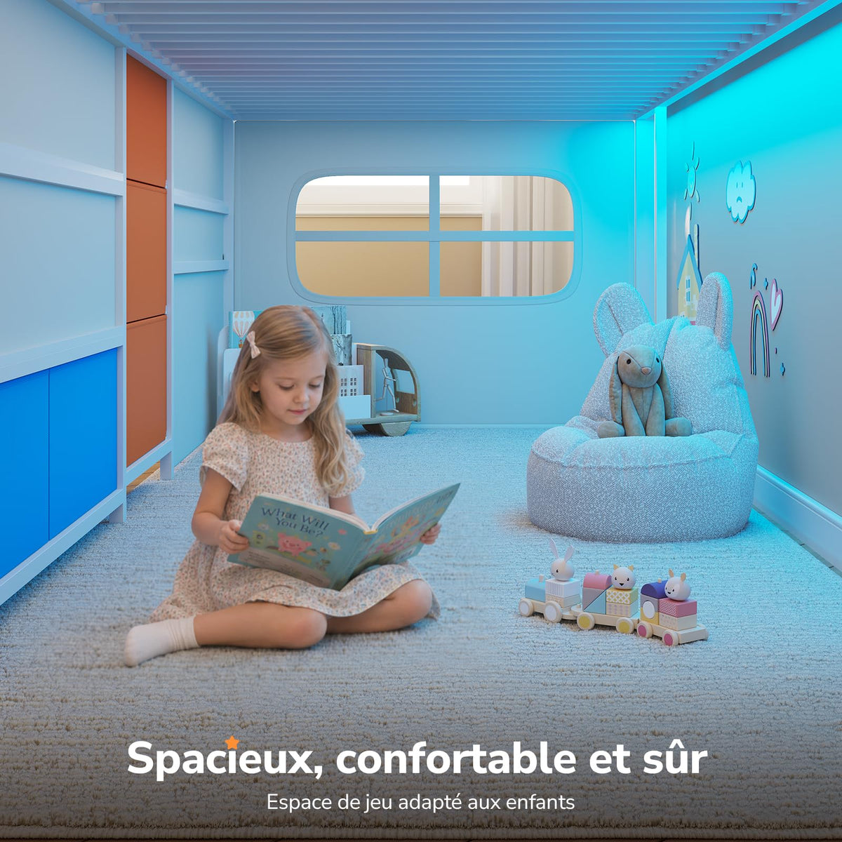 Lit mezzanine enfant 90x200 cm avec bureau intégré LLB-01 éclairage LED 5 rangements 3 étagères charge 100 kg