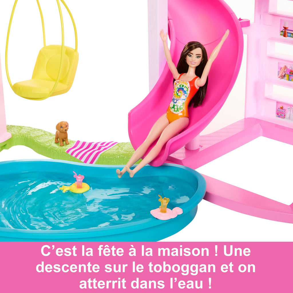 Maison de Poupée avec Accessoires HMX10 79 Pièces 10 Espaces de Jeu Toboggan 3 Étages et Piscine