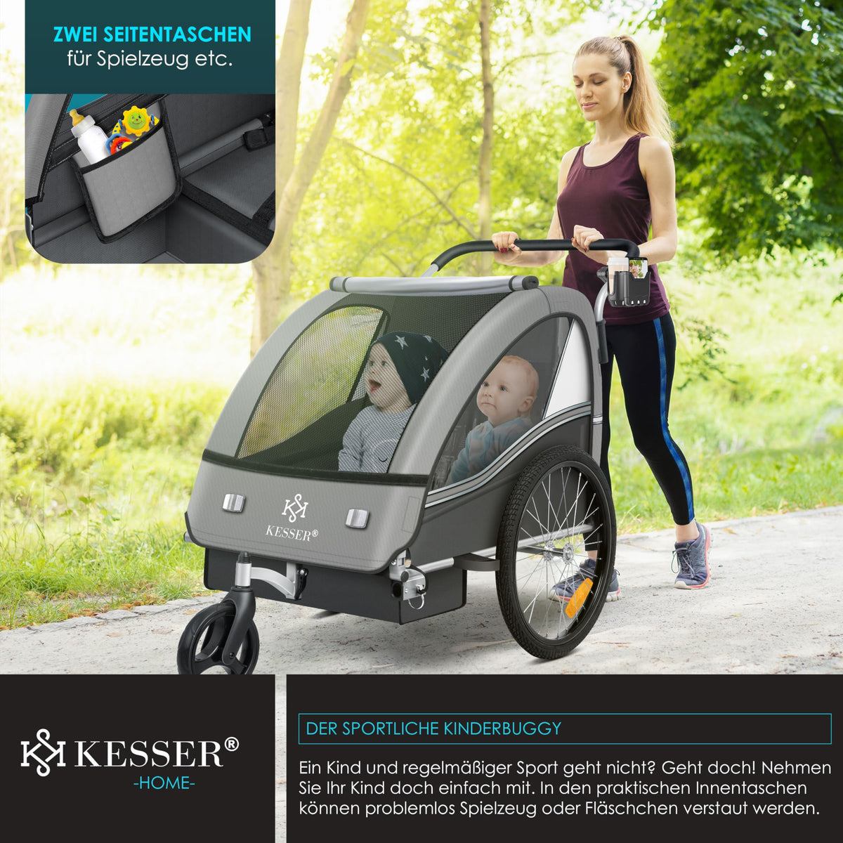 Remorque vélo enfant 2 en 1 Sport-RX avec fonction jogging 2 places ceinture 5 points roue avant 360° 160 x 76 x 98 cm