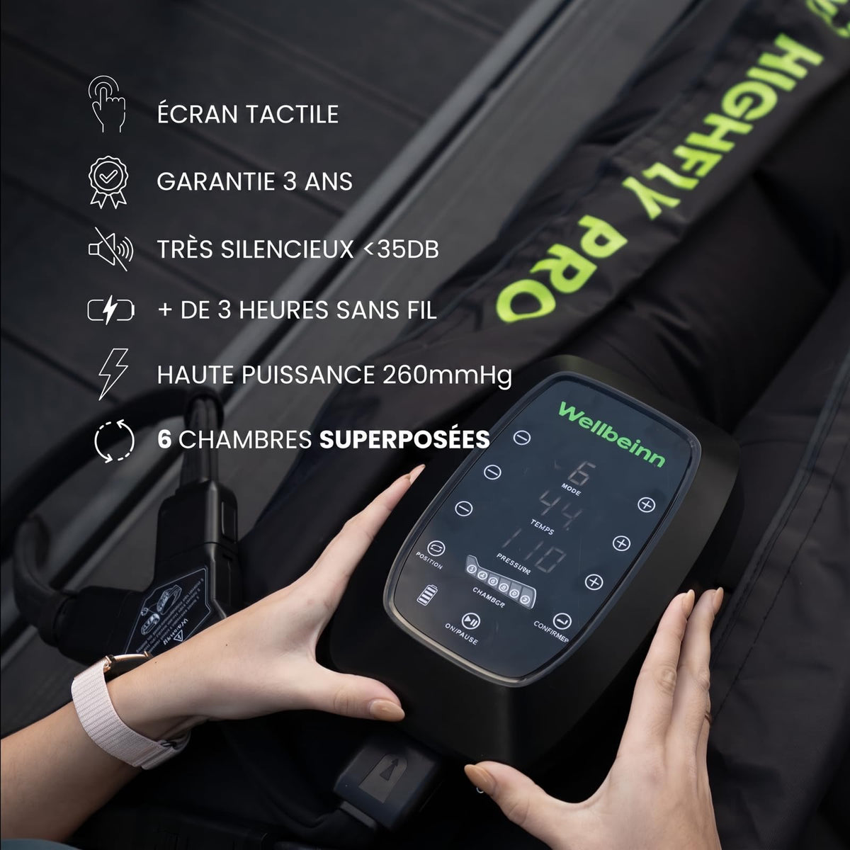 Pantalon de pressothérapie sans fil HighFly Pro 01 6 chambres 0 à 200 mmHg 6 niveaux 5 programmes écran LCD Bluetooth USB-C