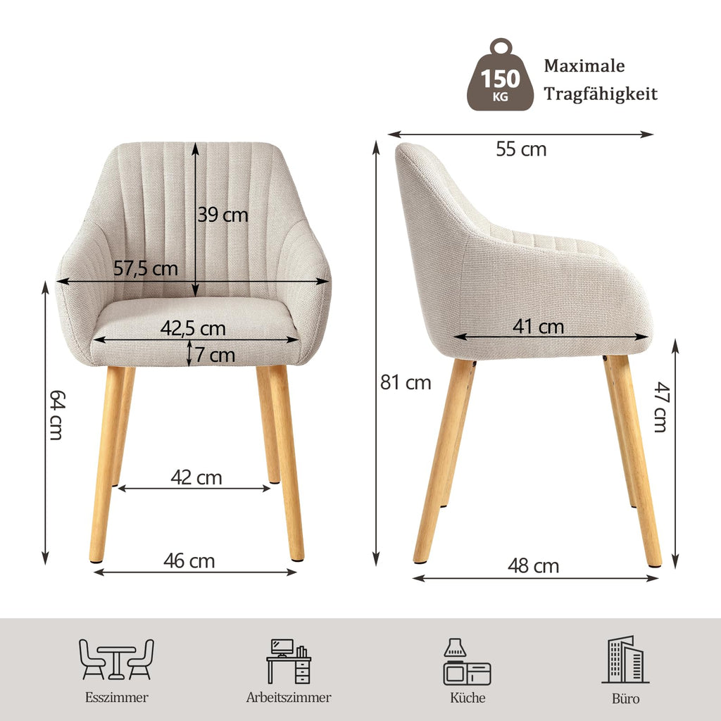 Chaises de salle à manger avec accoudoirs lot de 6 chaises rembourrées en polyester et velours avec pieds en bois beige