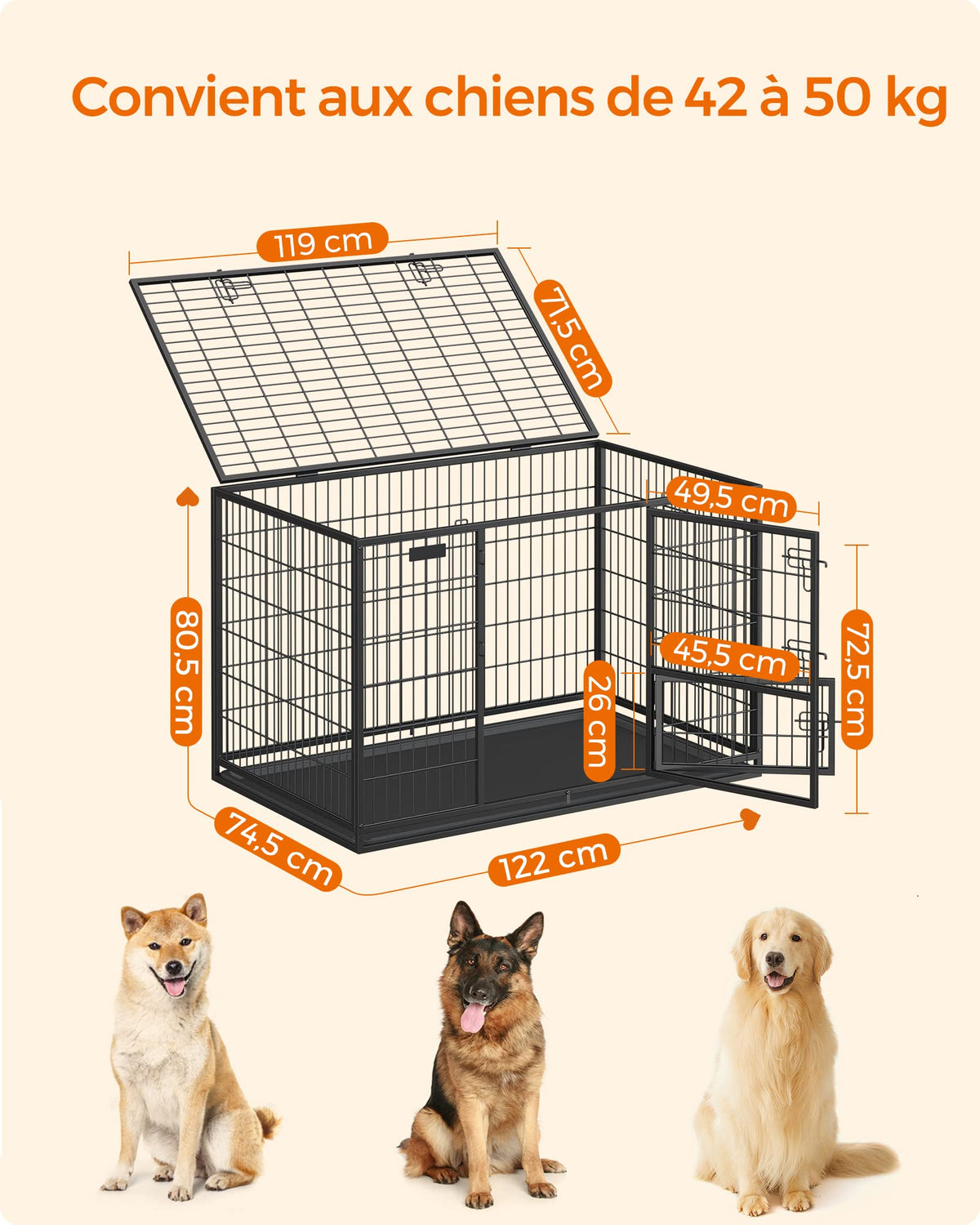 Cage pour chien XXL PPD003B01 122 x 74,5 x 80,5 cm acier allié 2 portes plateau amovible écart de 11 mm