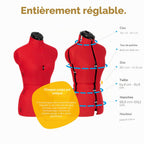 Mannequin de couture réglable FG304 8 parties taille S 38 à 46 tour de poitrine 84 à 104 cm nylon rouge coquelicot