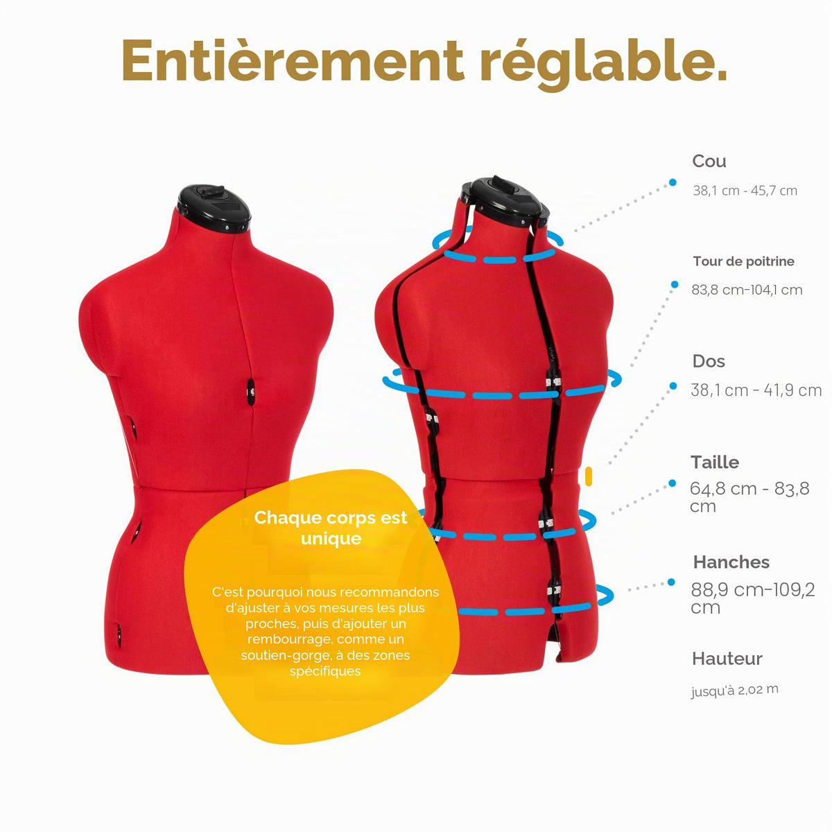 Mannequin de couture réglable FG304 8 parties taille S 38 à 46 tour de poitrine 84 à 104 cm nylon rouge coquelicot