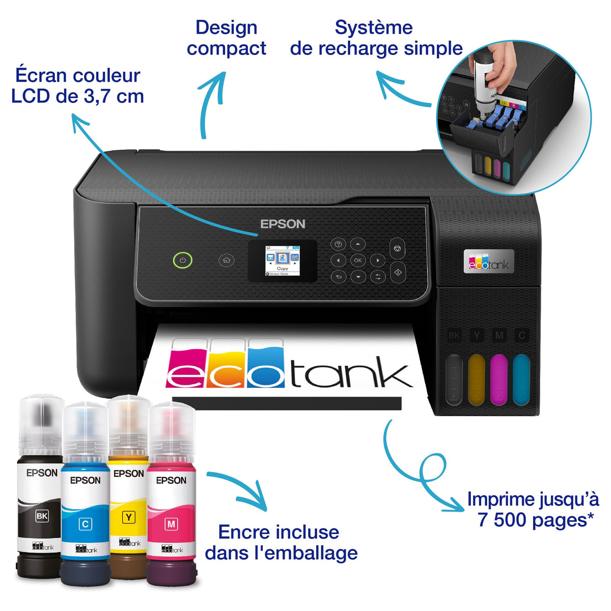 Imprimante multifonction à réservoirs d'encre ET-2870 Wi-Fi A4 impression copie numérisation 1200 dpi 33 ppm monochrome 15 ppm couleur