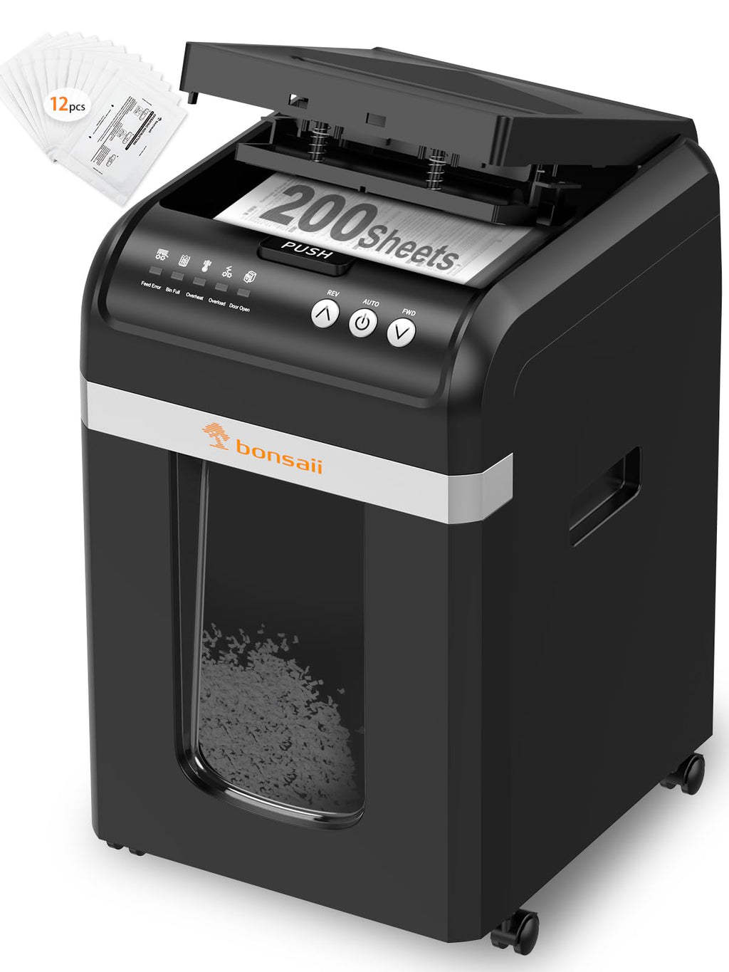Destructeur de Documents 200 Feuilles Auto-Feed Micro-Coupe P-4 4×12 mm Bac 31 L Fonctionnement 60 Minutes