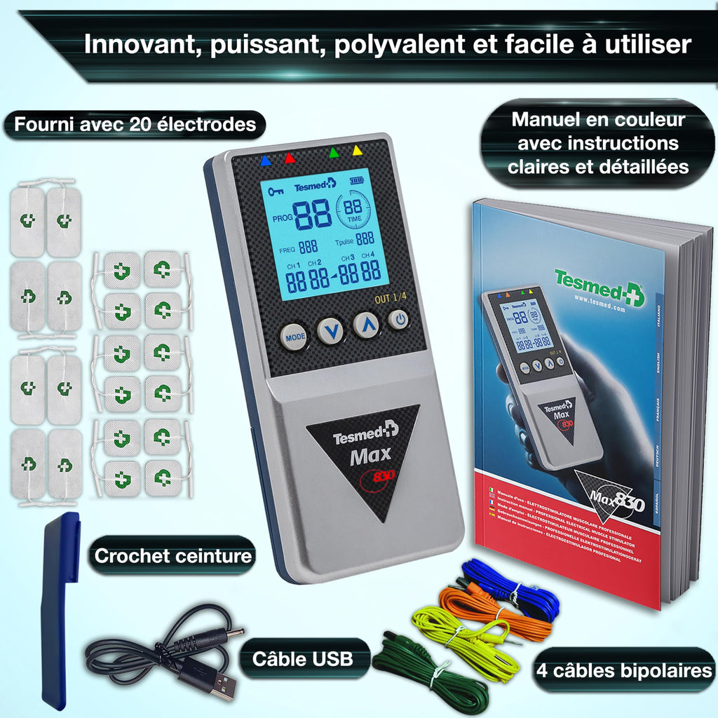 Électrostimulateur musculaire Max 830 TENS EMS Massage 4 canaux 115 programmes 99 niveaux d'intensité 8 électrodes