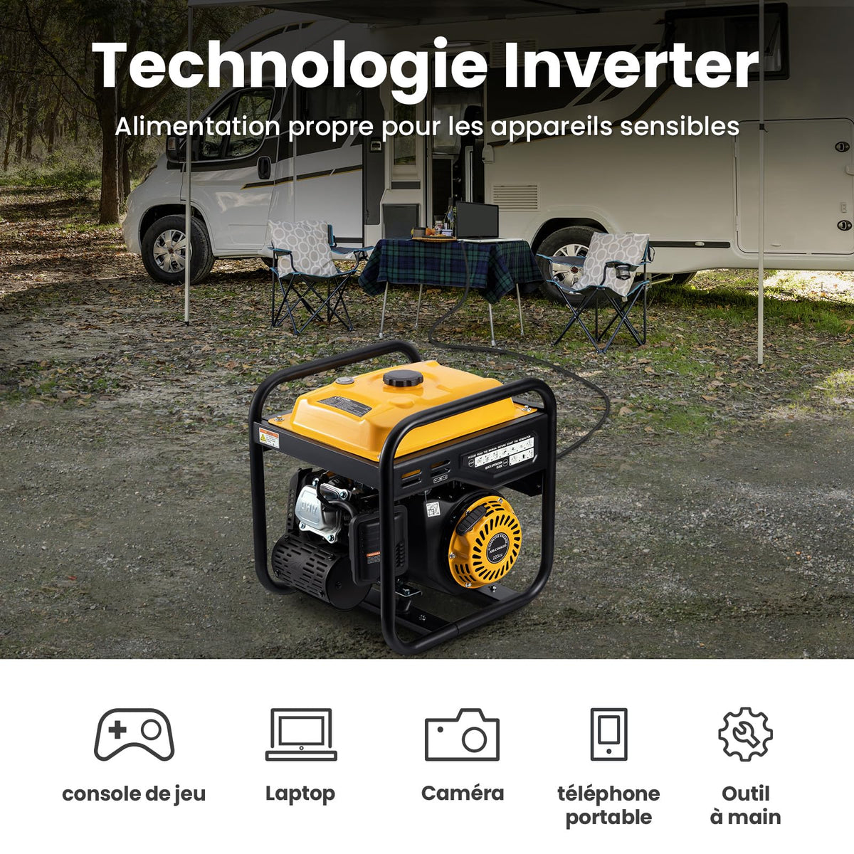 Groupe Électrogène Inverter Portable 3500 W Essence 4 Temps 3200 W 230 V 50 Hz Moteur 223 cm³ Réservoir 7,5 L