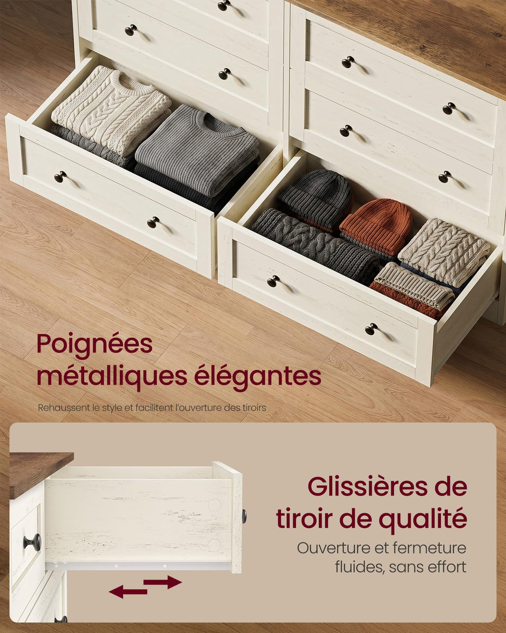 Commode 6 tiroirs LTS663WJ01 40 x 120 x 78 cm bois d'ingénierie blanc rustique marron miel meuble de rangement