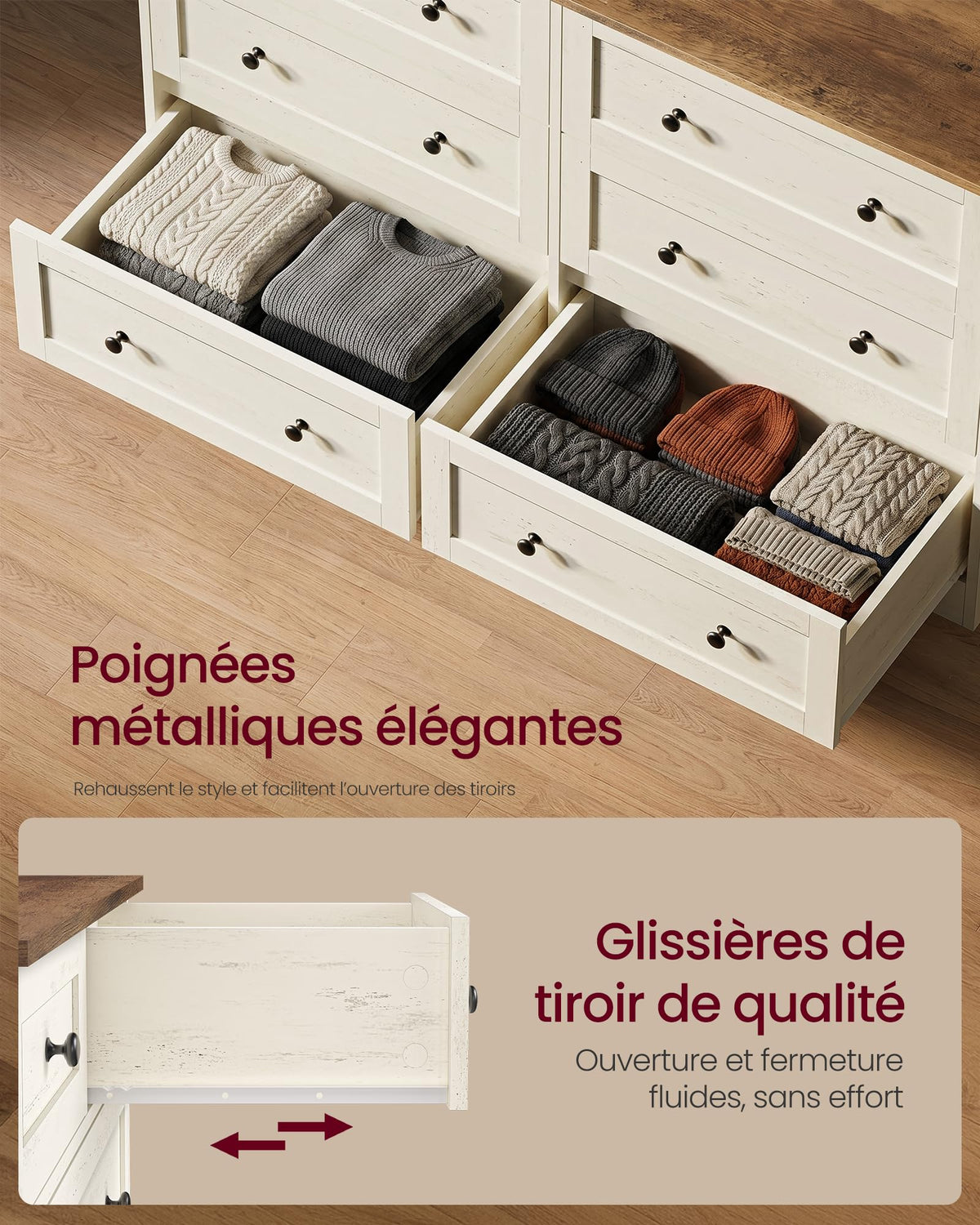 Commode 6 tiroirs LTS663WJ01 40 x 120 x 78 cm bois d'ingénierie blanc rustique marron miel meuble de rangement