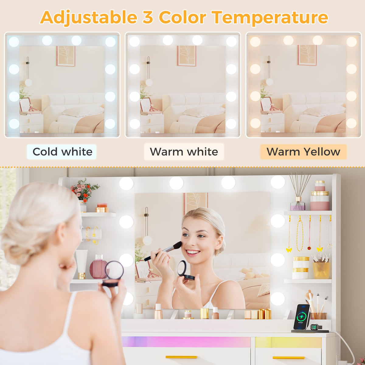 Coiffeuse avec Miroir LED BDT95W 9 Tiroirs 4 Étagères Plateau en Verre 3 Modes d'Éclairage RGB 105 x 40 x 140 cm