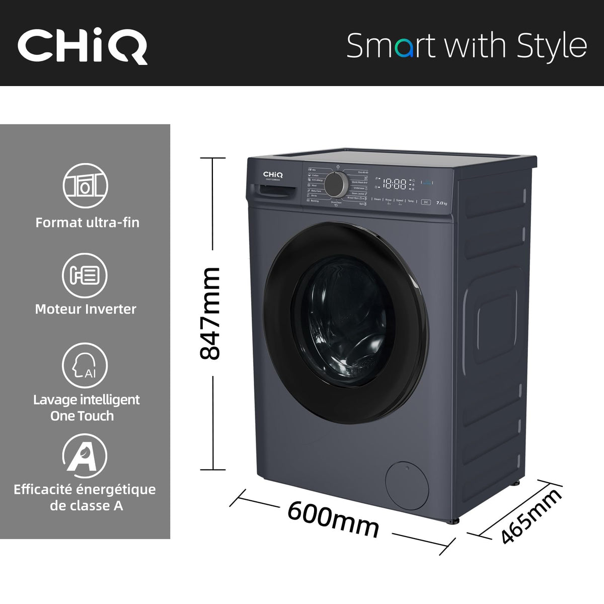 Lave-linge frontal CW07123863AX 7 kg classe énergétique A 1200 tr/min vapeur 15 programmes 46,5 cm gris