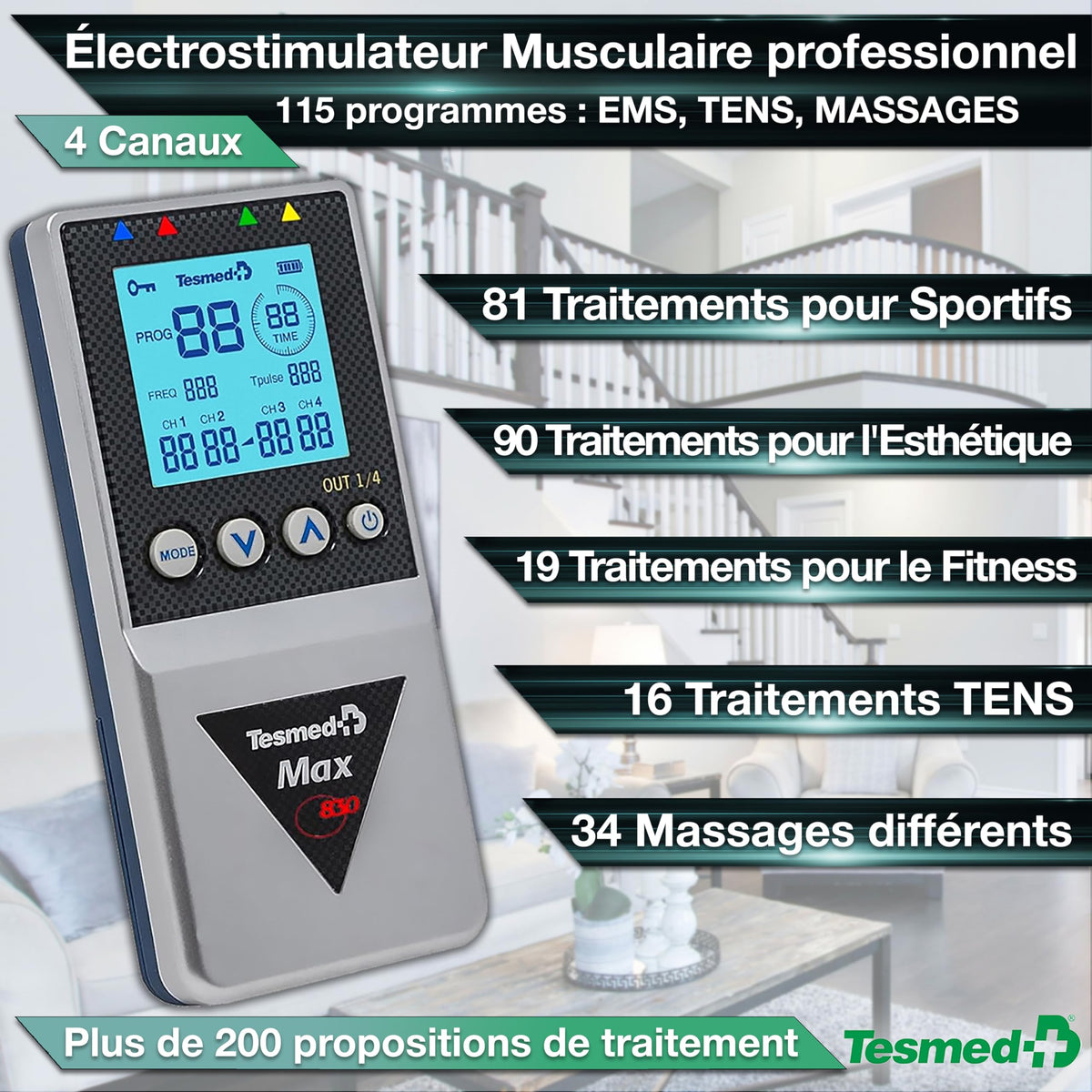 Électrostimulateur musculaire Max 830 TENS EMS Massage 4 canaux 115 programmes 99 niveaux d'intensité 8 électrodes
