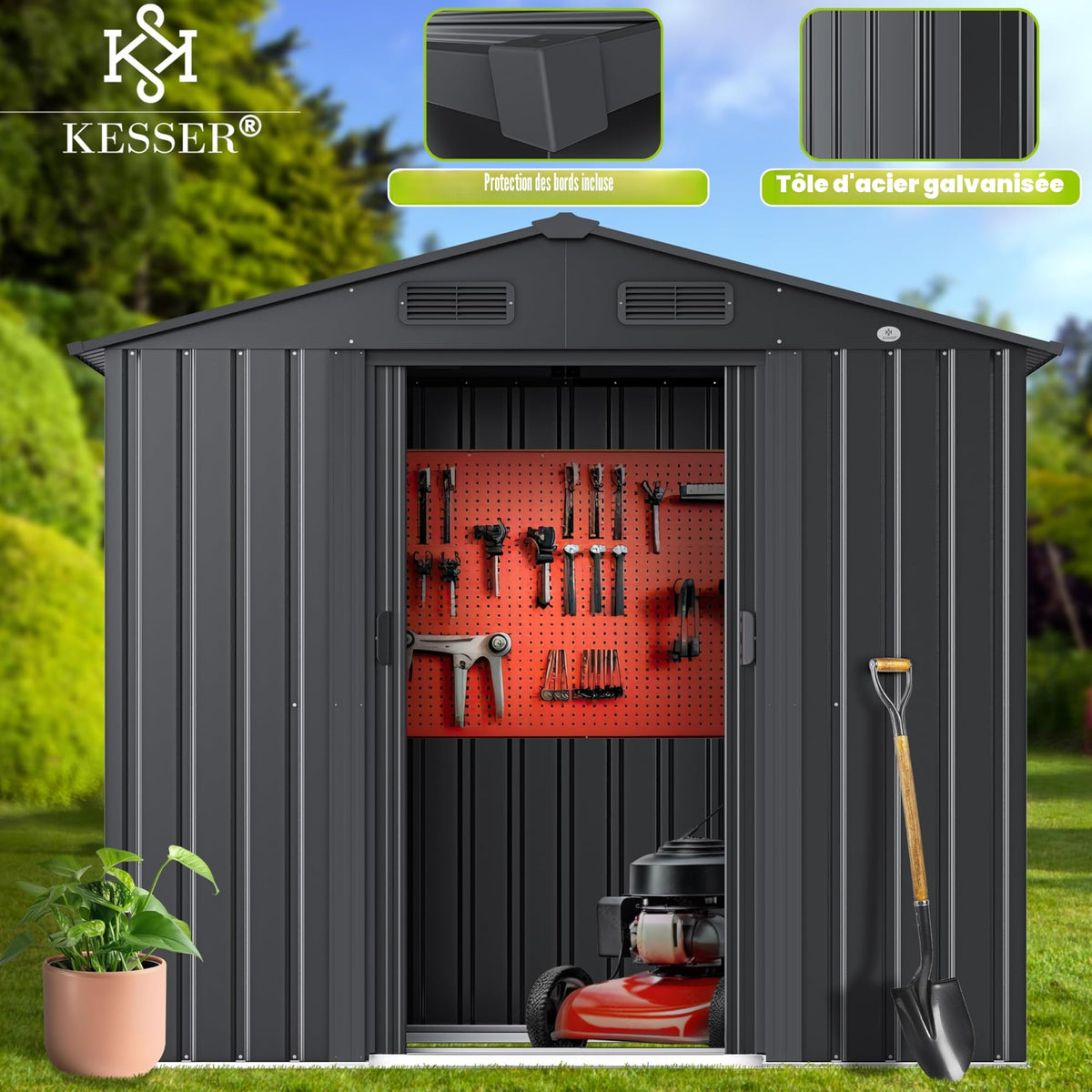 Abri de Jardin en Métal 4,2 m³ 182 x 131 x 186 cm 2 Portes Coulissantes Fondation Toit à Pignon Aération Anthracite