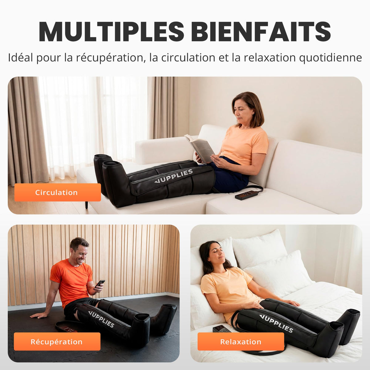 Bottes de pressothérapie jambes complètes 6 modes 9 niveaux télécommande avec écran minuteur nylon noir sac de transport
