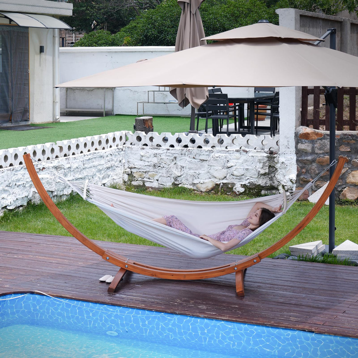 Hamac avec support en bois 320 x 120 cm 2 places charge 200 kg coton beige réglable en hauteur