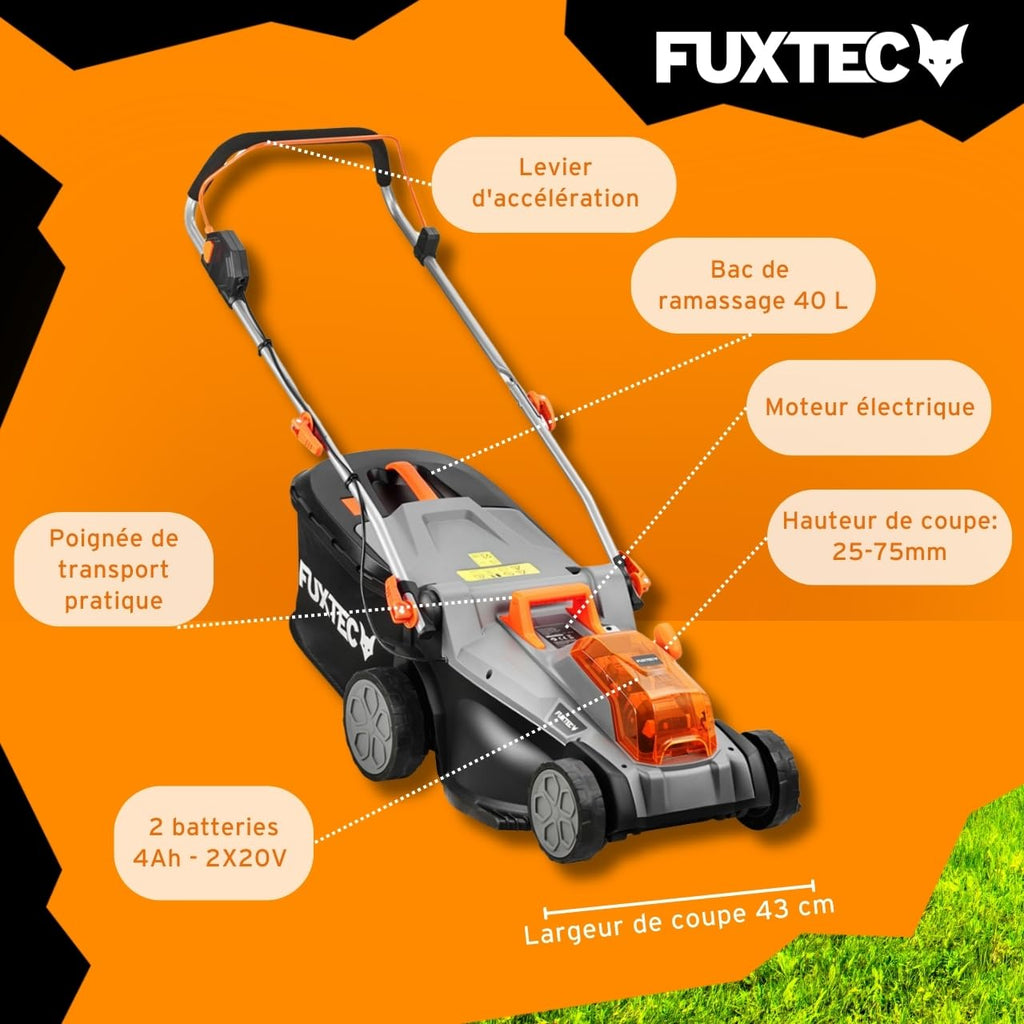 Tondeuse à gazon sans fil FX-E2RM43SET 40 V 43 cm bac de ramassage 40 L hauteur de coupe 25 à 75 mm 2 batteries 20 V