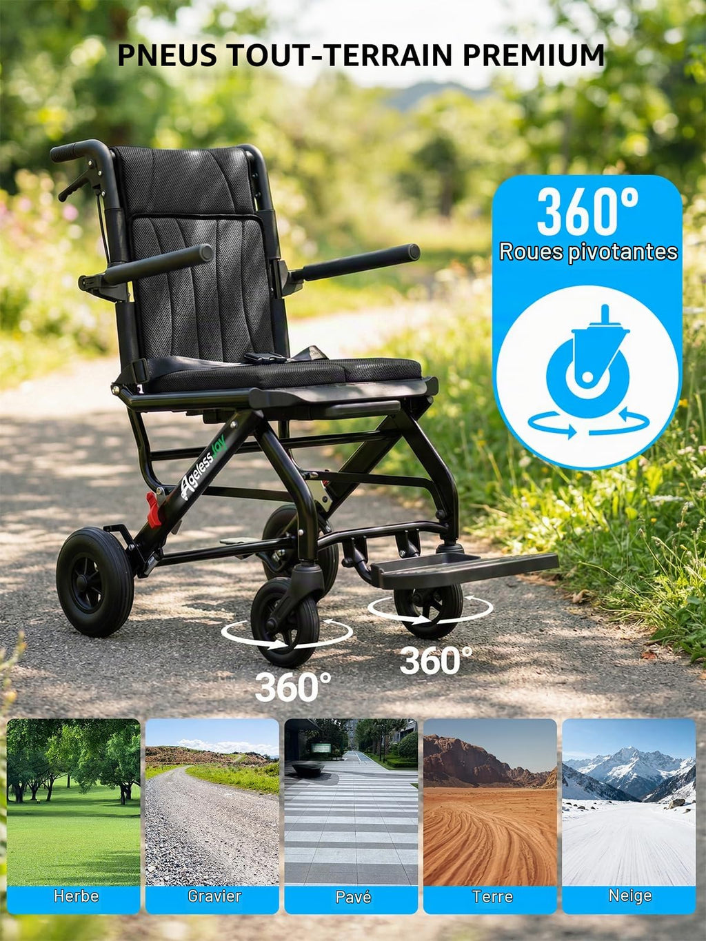 Fauteuil roulant pliable pour adultes 9 kg aluminium poignée télescopique roues PVC accoudoirs rabattables repose-pieds pliables noir