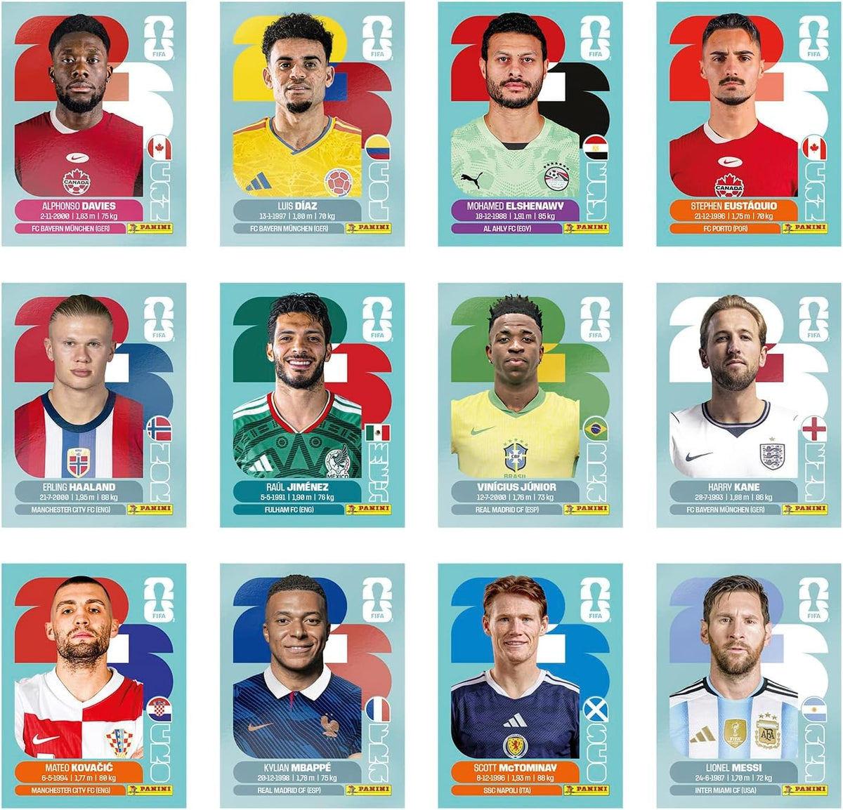 Stickers Coupe du Monde de la FIFA 2026 boîte de 100 pochettes 700 stickers équipes joueurs et logos de football