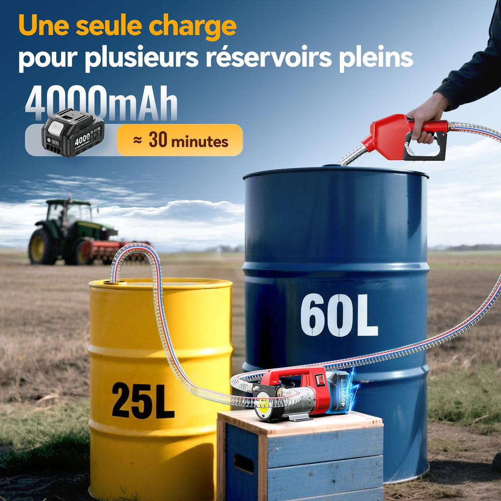 Pompe de transfert diesel sans fil 45 L/min 18 V batterie 4 Ah buse automatique tuyaux 2 m filtre pour gazole kérosène biodiesel