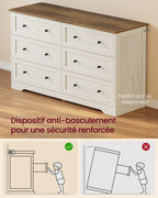 Commode 6 tiroirs LTS663WJ01 40 x 120 x 78 cm bois d'ingénierie blanc rustique marron miel meuble de rangement