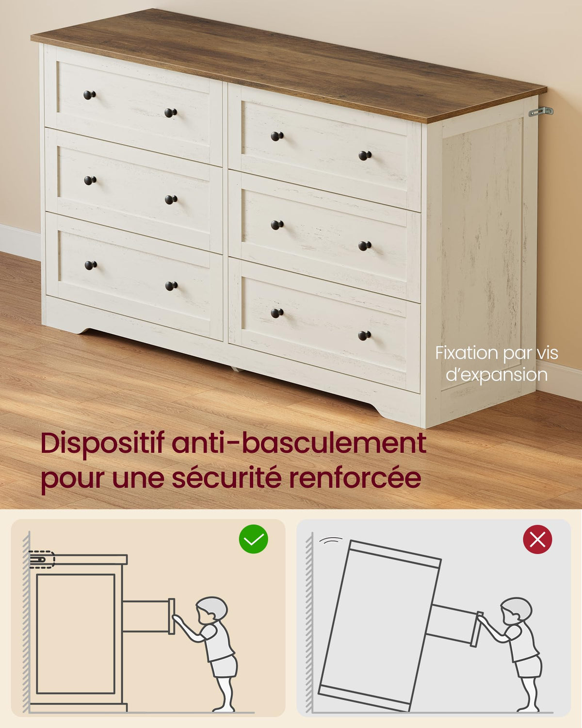 Commode 6 tiroirs LTS663WJ01 40 x 120 x 78 cm bois d'ingénierie blanc rustique marron miel meuble de rangement