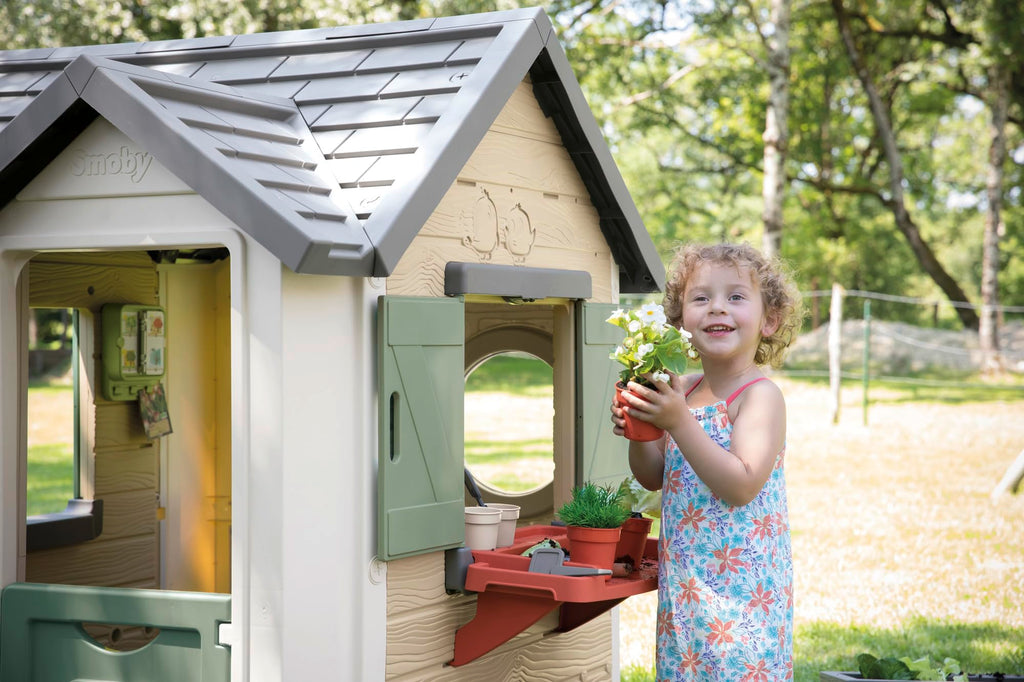 Maison de jardin pour enfants 132 x 128,5 x 135 cm dès 2 ans plastique recyclé jardinière treillis mangeoire récupérateur d'eau
