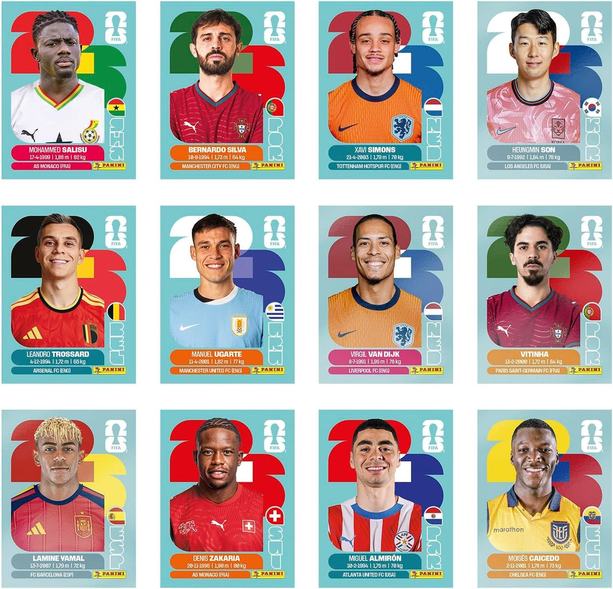 Stickers Coupe du Monde de la FIFA 2026 boîte de 100 pochettes 700 stickers équipes joueurs et logos de football