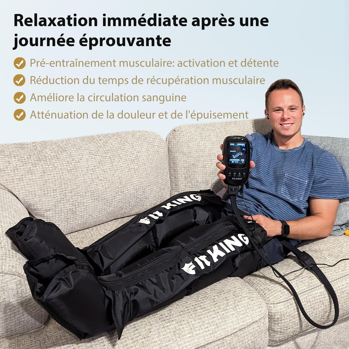 Bottes de pressothérapie pour jambes FT-082A-M taille M 4 chambres 8 niveaux de compression 50 à 120 mmHg écran LCD